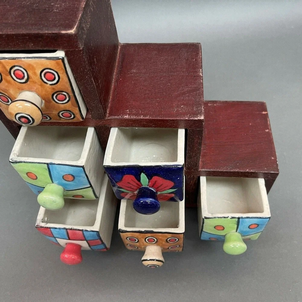 Heavy Wooden Ceramic 6‎ Drawer Cupboard Jewelry Box Spice Hippie Boho India